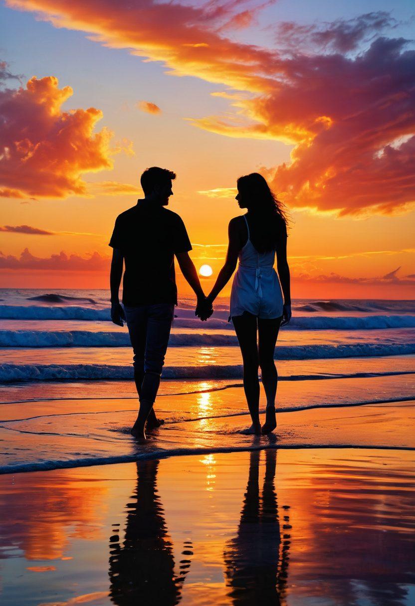 An intertwined couple holding hands amidst a vibrant sunset, surrounded by symbolic elements like a compass and floating hearts, representing the journey of love and connection. Soft focus on the couple to evoke warmth and intimacy. Incorporate gentle waves in the background to symbolize the ebb and flow of relationships. super-realistic. vibrant colors. soft focus.