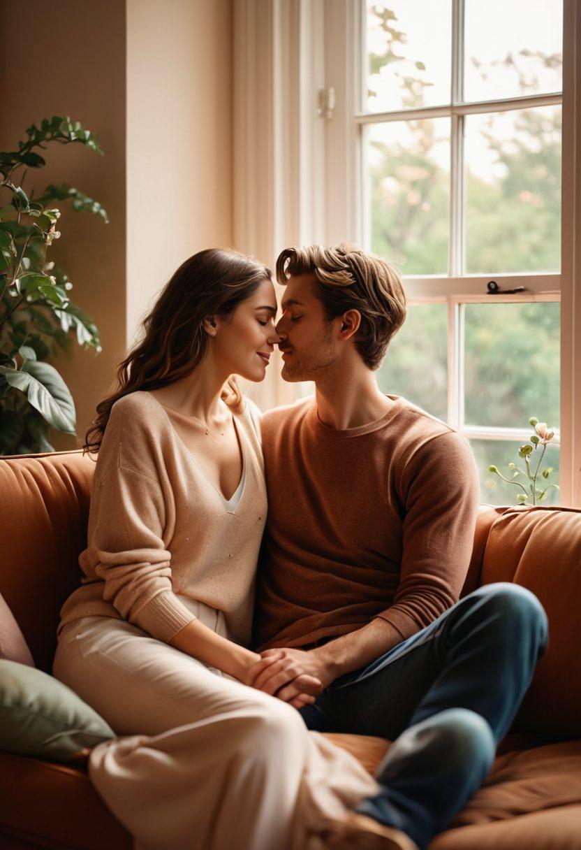 A couple sitting closely together on a cozy sofa, sharing a heartfelt moment with soft lighting around them. They are surrounded by symbols of love, like hearts and gentle whispers illustrated in the air. The background features a warm, inviting atmosphere with a hint of nature outside a window, depicting intimacy and trust. super-realistic. warm colors. soft focus.